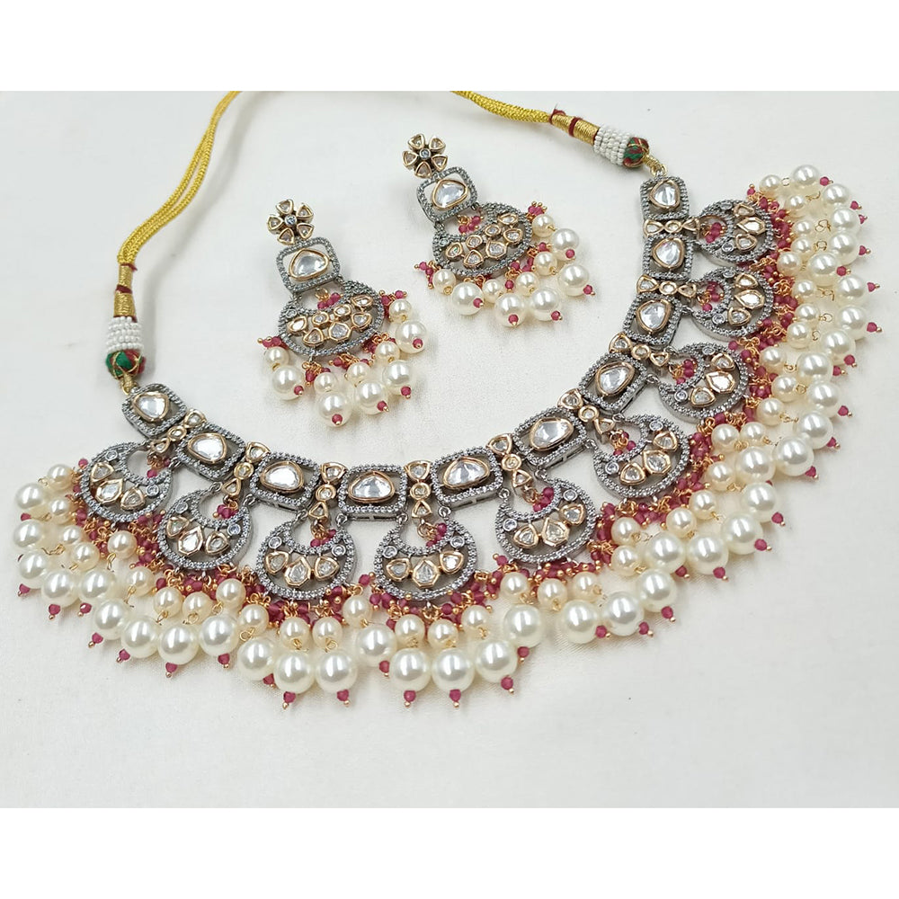 NAFJ Two Tone Plated Crystal Stone And Pearl Choker Necklace Set