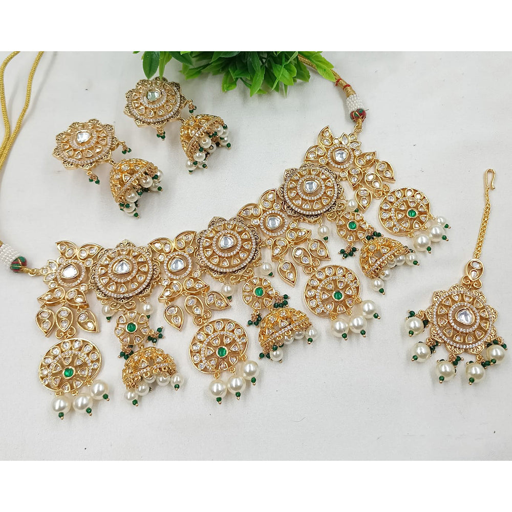 NAFJ Gold Plated Polki Kundan Stone And Pearl Choker Necklace Set