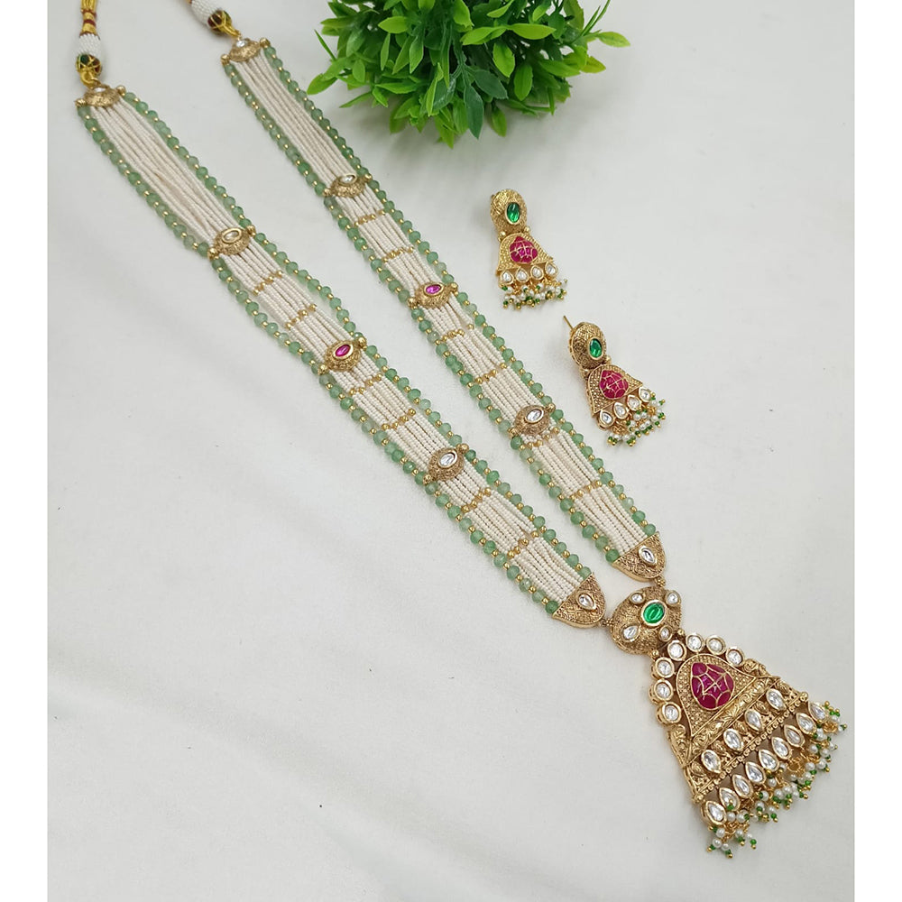 NAFJ Gold Plated Crystal Stone And Pearl Long Necklace Set