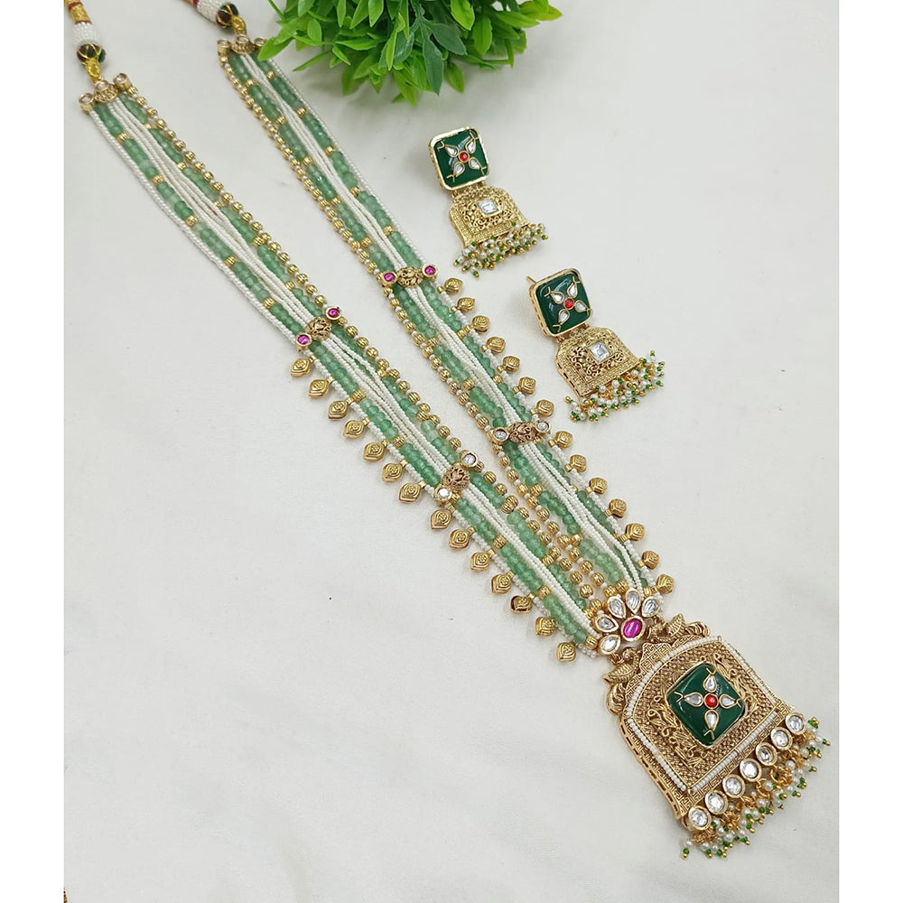 NAFJ Gold Plated Crystal Stone And Pearl Long Necklace Set