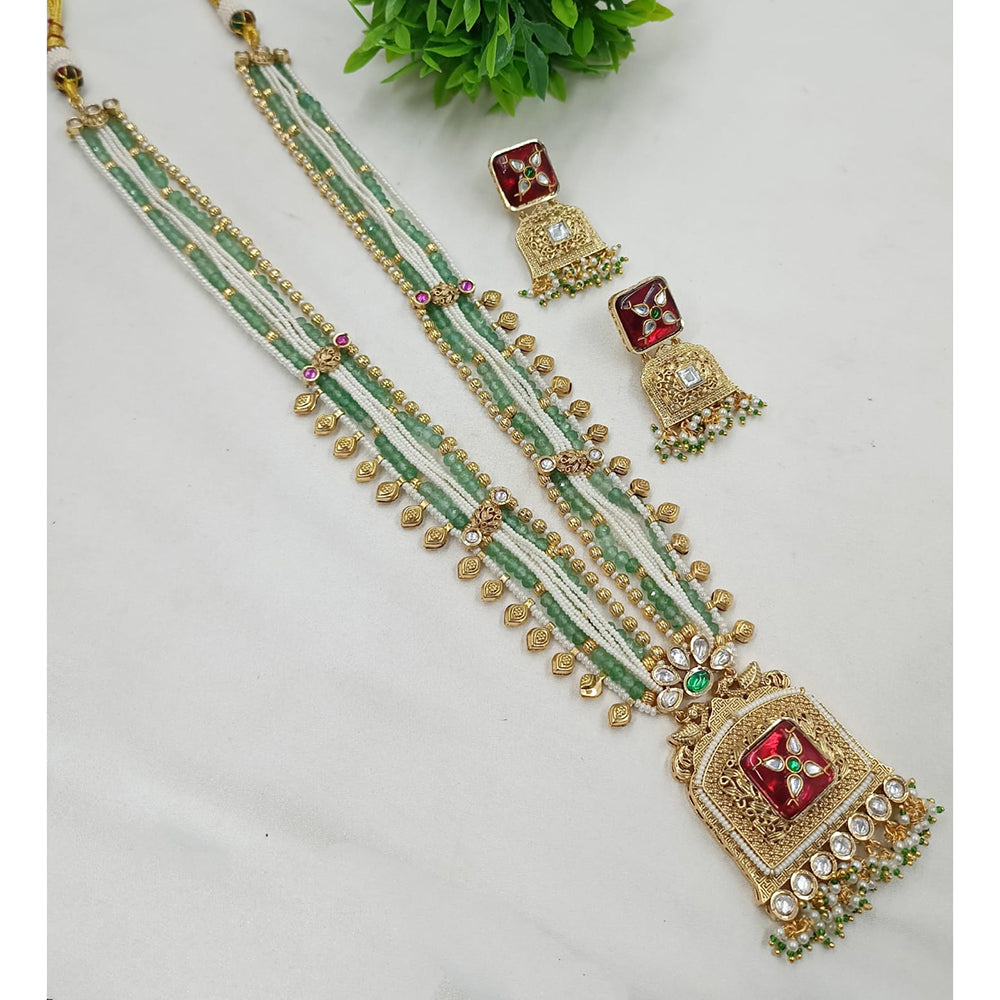 NAFJ Gold Plated Crystal Stone And Pearl Long Necklace Set
