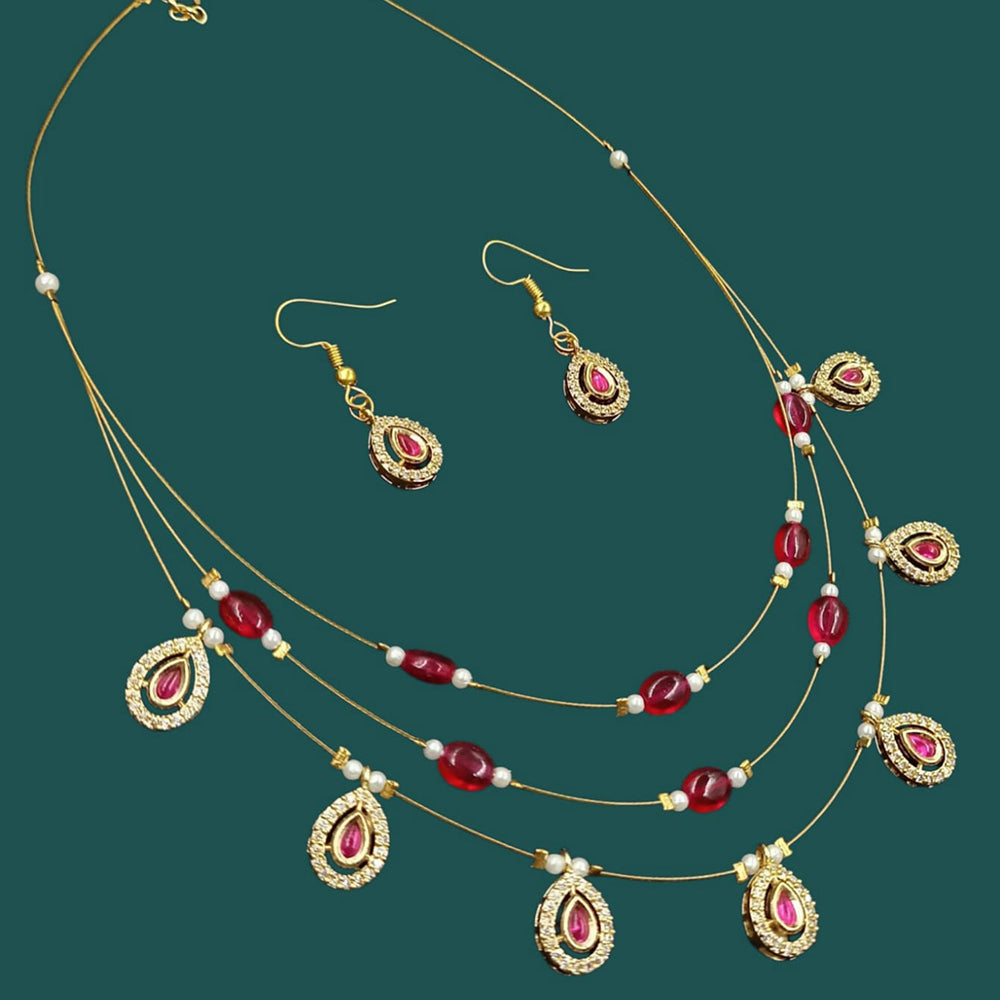 NAFJ Lightweight Multi Layer Floating Chain Crystal Stone Beads and Pearl Fancy Necklace Set for All Occasions