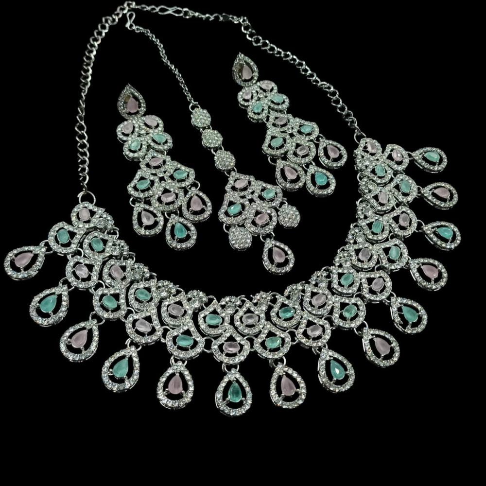 NAFJ Glamorous Crystal Stone And Austrian Stone Designer Necklace Set With Maangtikka