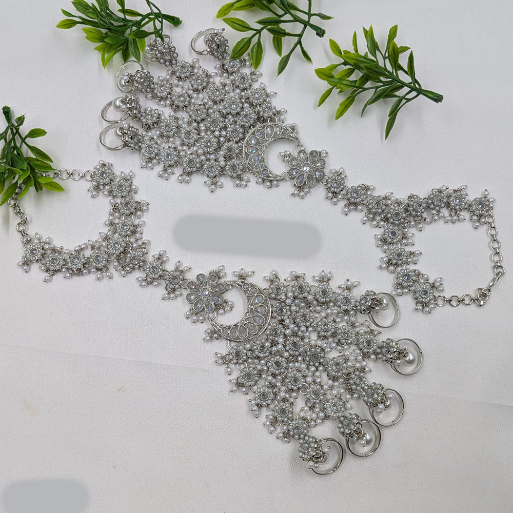 NAFJ Silver Plated Crystal Stone And Pearl Designer Hand Harness