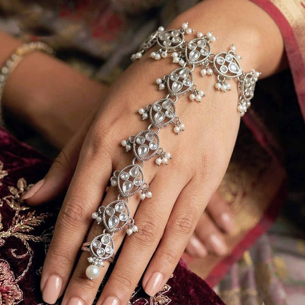NAFJ Crystal Stone And Pearl Designer Hand Harness