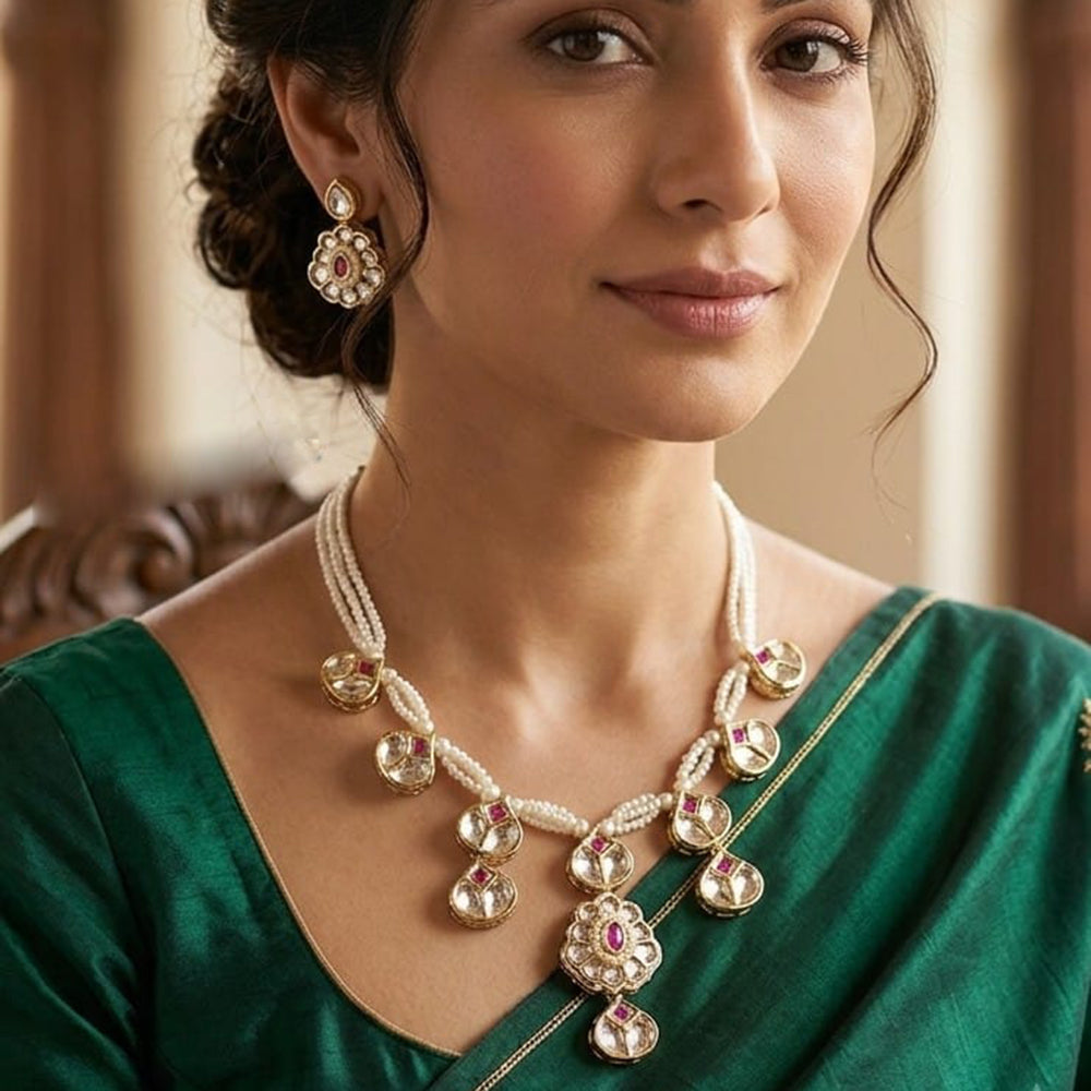 NAFJ Graceful Polki Kundan Stone And Pearl Necklace Set