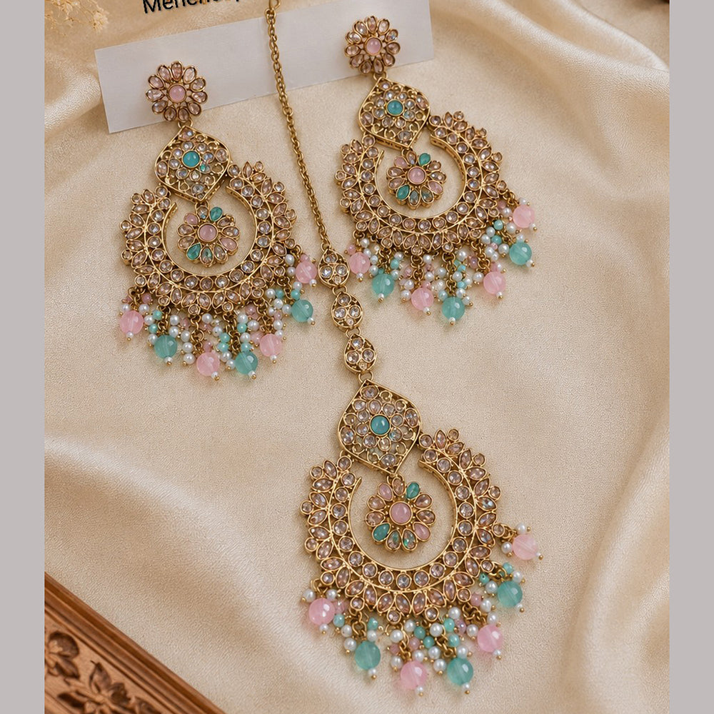 NAFJ Elegant Crystal Pearl And Beads Dangler Earrings With Matching Maangtikka