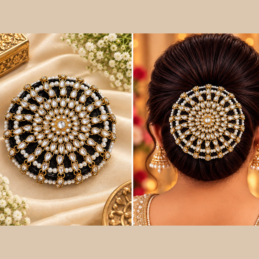 NAFJ Elegant Kundan Stone And Pearl Hair Bun Cover for Women