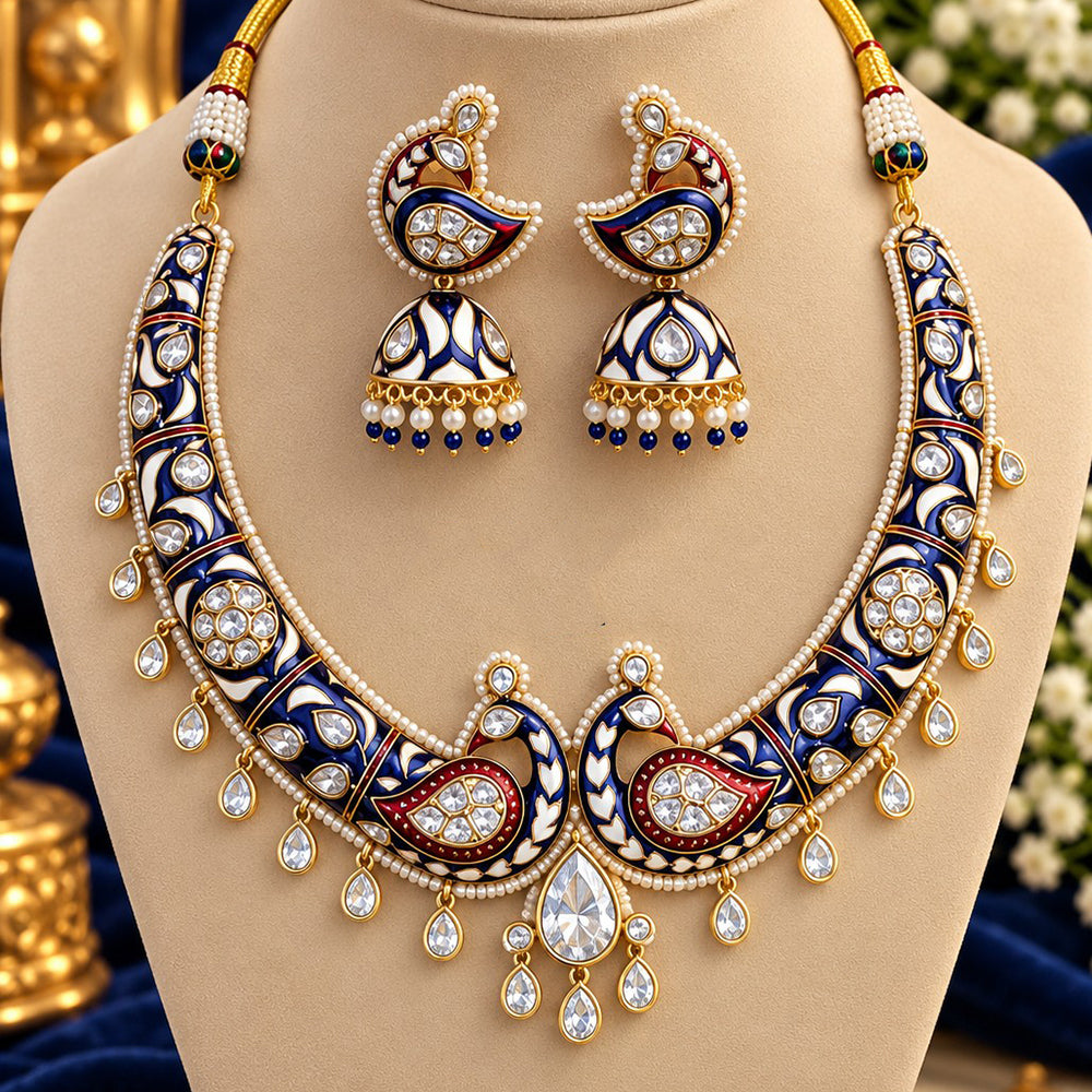 NAFJ Premium Crystal Stone And Meenakari Peacock Necklace Set