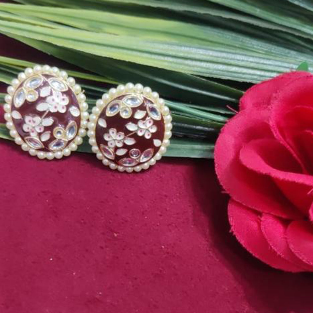 Bhagwati Bangles Gold Plated Kundan Stone And Pearls Meenakari Stud Earrings
