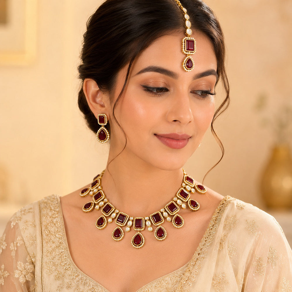 Charbhuja Art Heritage Pota Stone And Austrian Stone Necklace Set