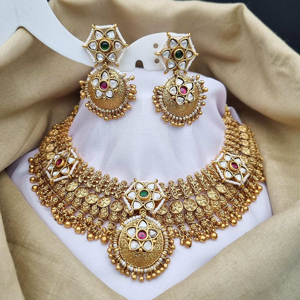 Reet Revaz Gold Plated Polki Kundan Stone And Pearls Necklace Set