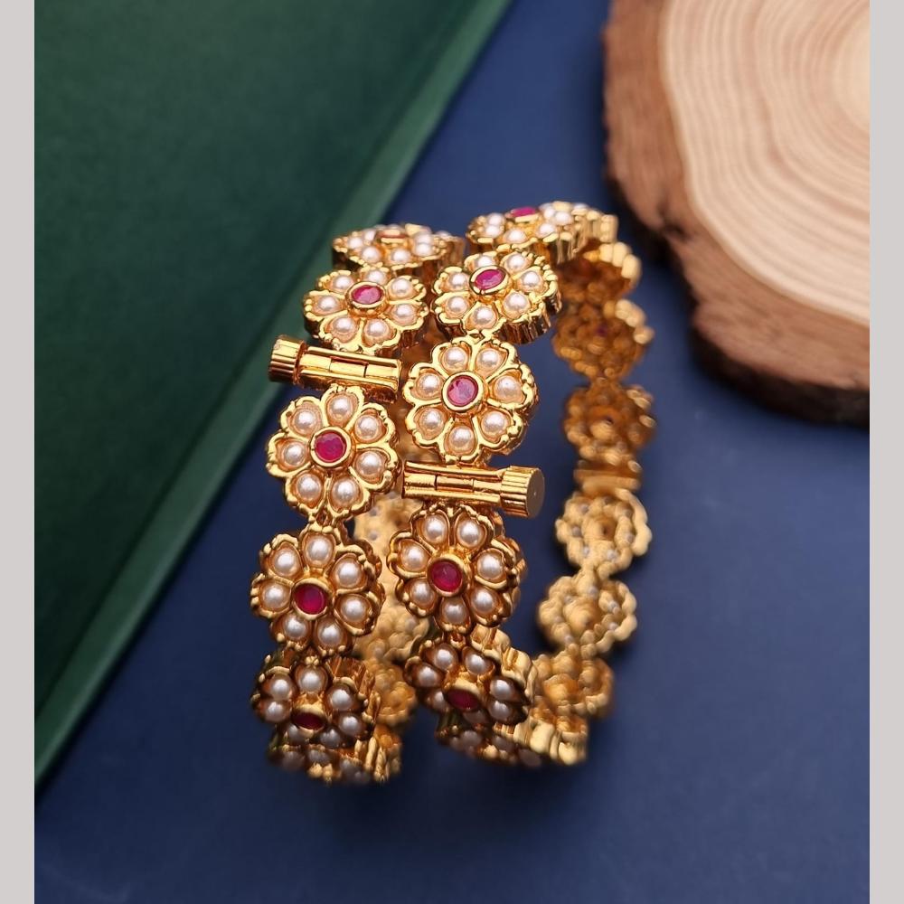 Reet Revaz Gold Plated Pota Stone And Pearl Openable Bangles Set