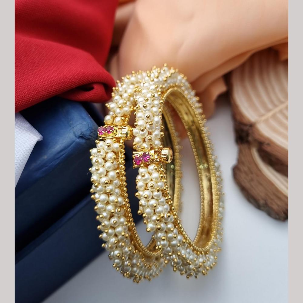 Reet Revaz Gold Plated Pota Stone And Pearl Openable Bangles Set