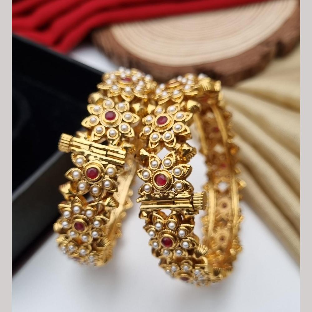 Reet Revaz Gold Plated Pota Stone And Pearl Openable Bangles Set