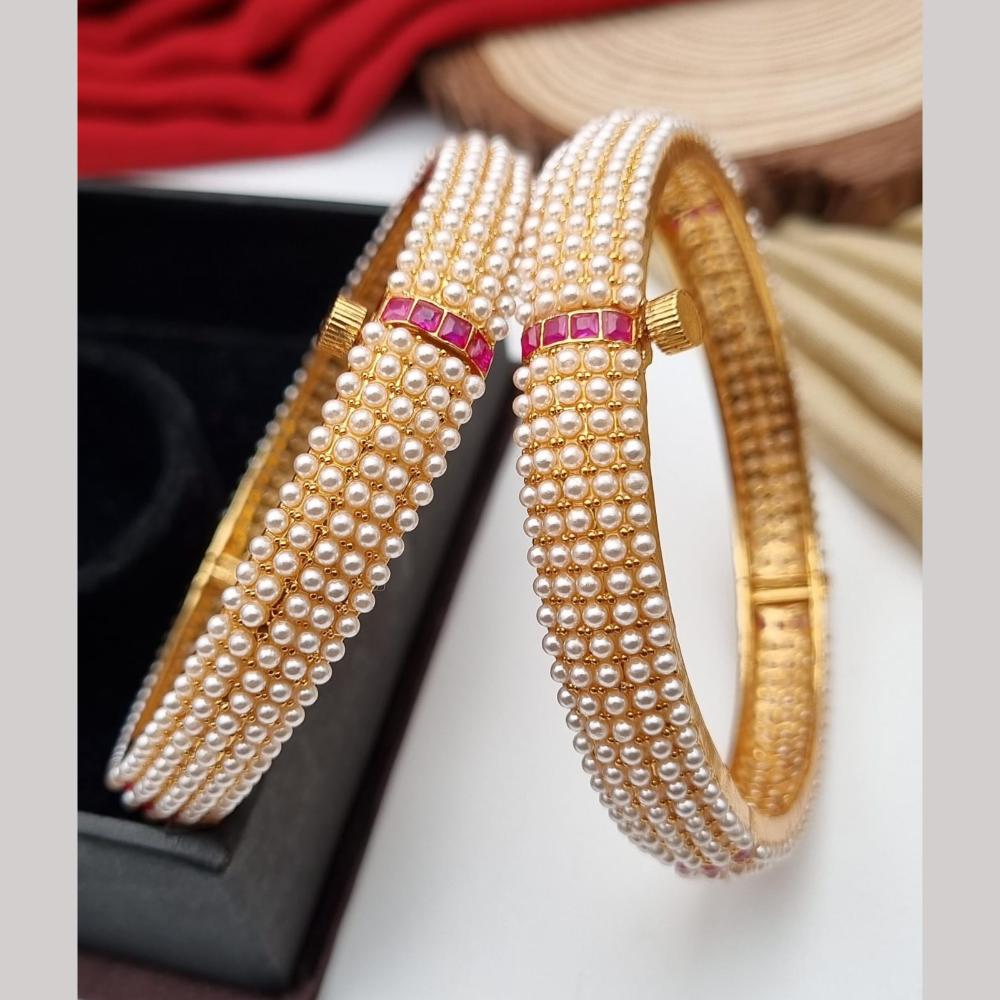 Reet Revaz Gold Plated Pota Stone And Pearl Openable Bangles Set