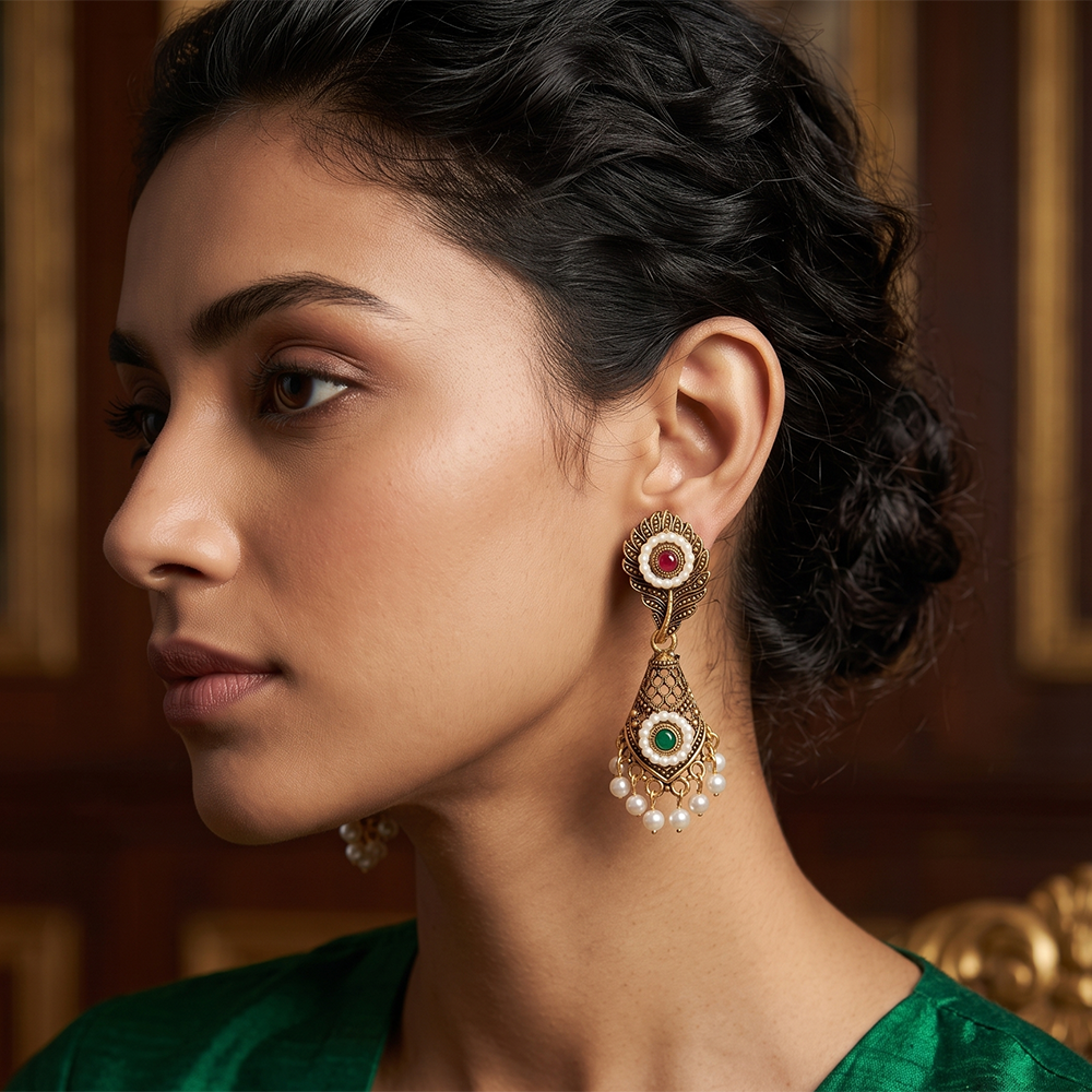 Urthn Antique Gold Plated Pearl & Stone Dangler Earrings for Women