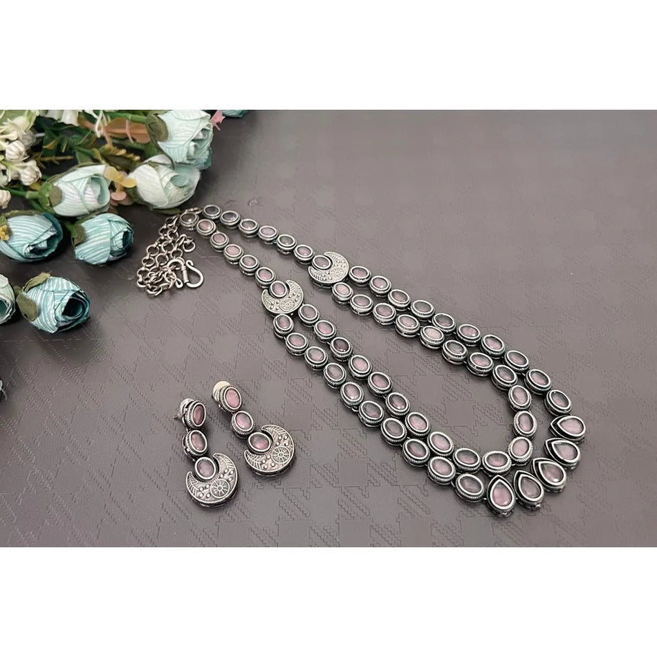 Darshana Jewels Oxidised Plated Royal Pota Stone Long Necklace Set