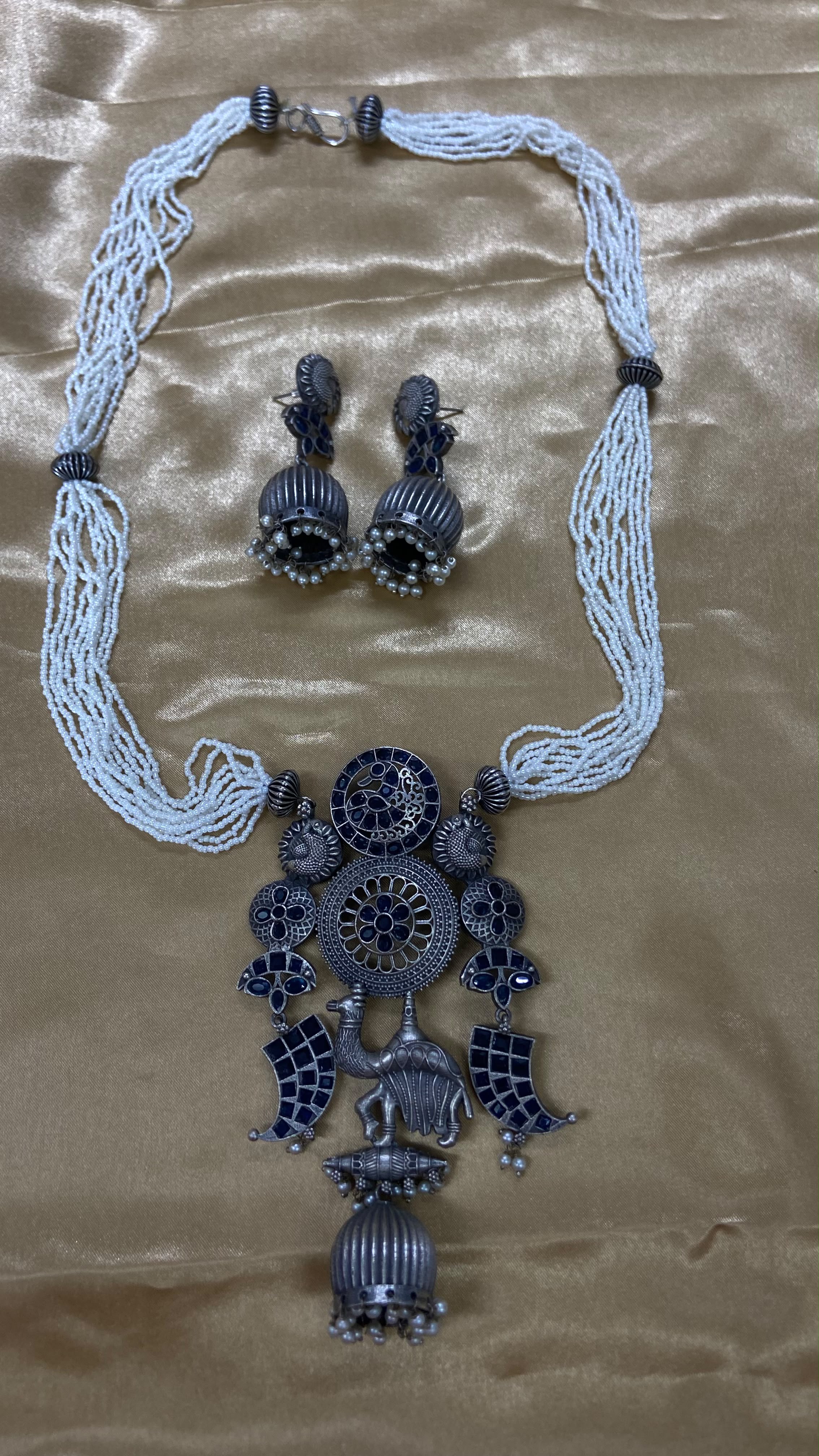Darshana Jewels Oxidised Plated Royal Pota Stone And Pearl Long Necklace Set