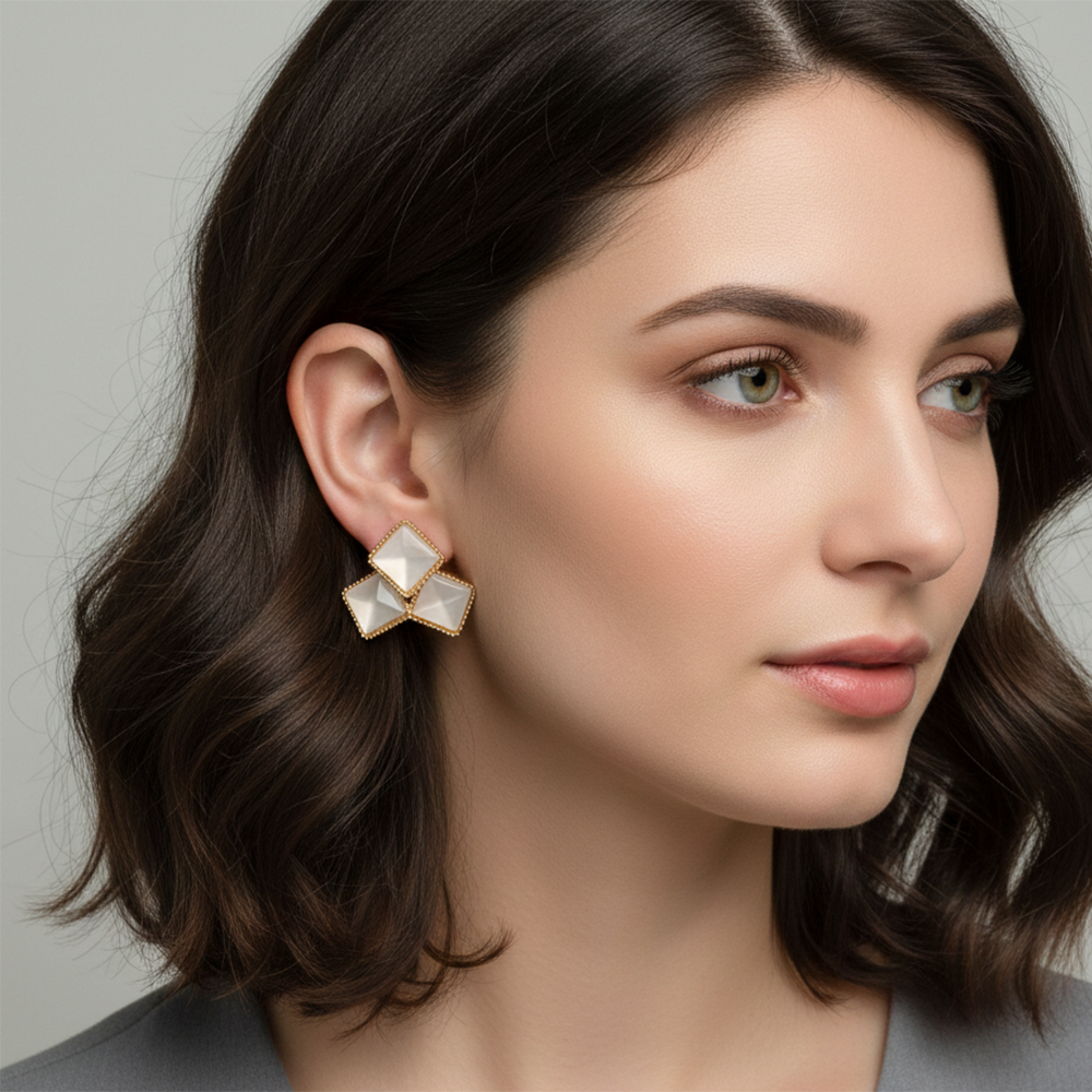 Urthn Gold Plated Monalisa White Stone Square Stud Earrings(Pack of 3)