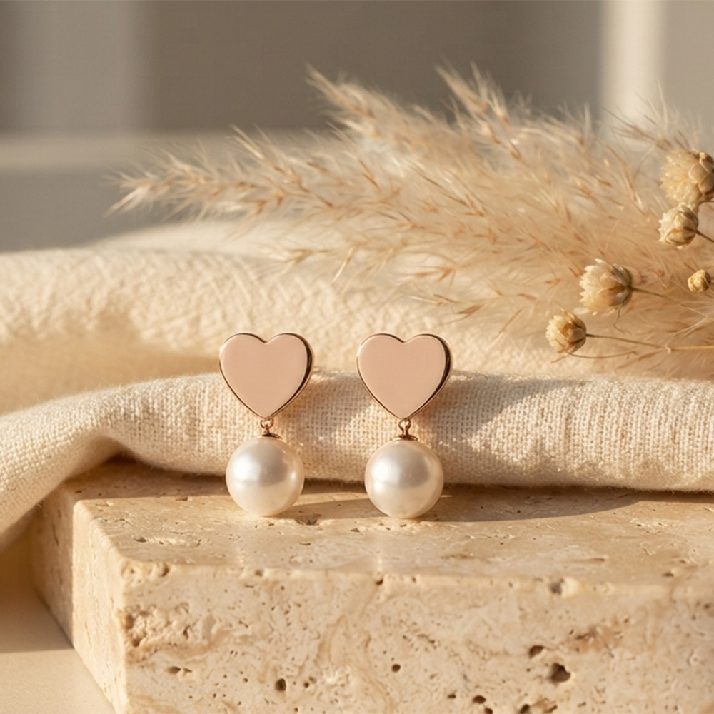 Darshana Jewels Rose Gold Plated Heart Pearl Stud Earrings for Women (Set of 6)