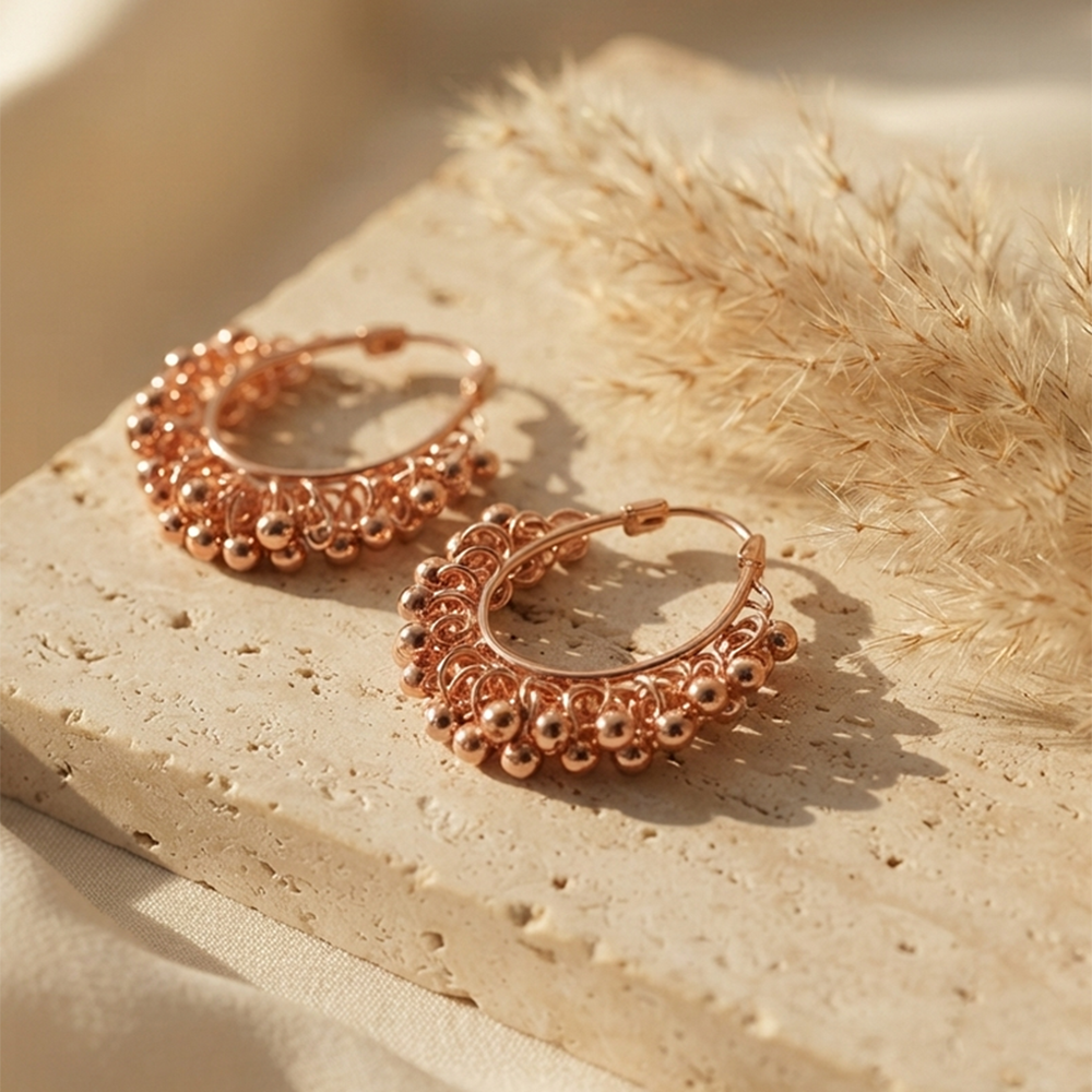 Darshana Jewels Rose Gold Plated Beaded Hoop Earrings for Women (Set of 6)