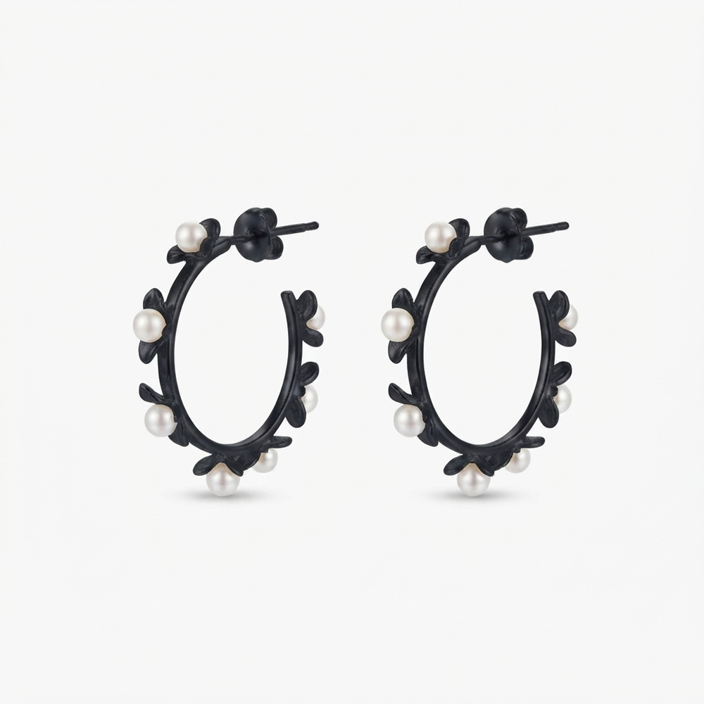 Darshana Jewels Black Floral Pearl Hoop Earrings for Women (Set of 6)