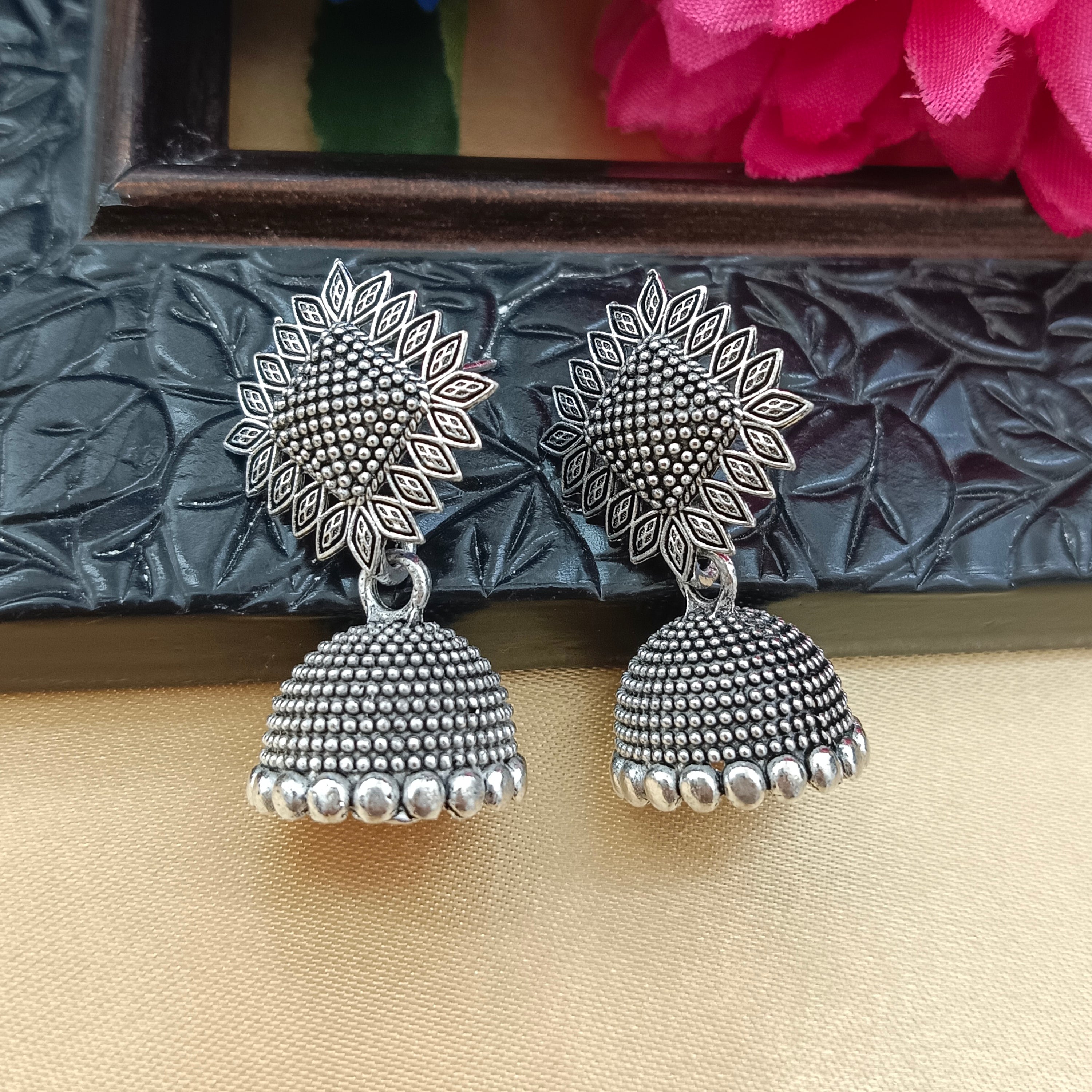 Darshana Jewels Oxidised Plated Square Floral Jhumki Earrings(Pack of 6)