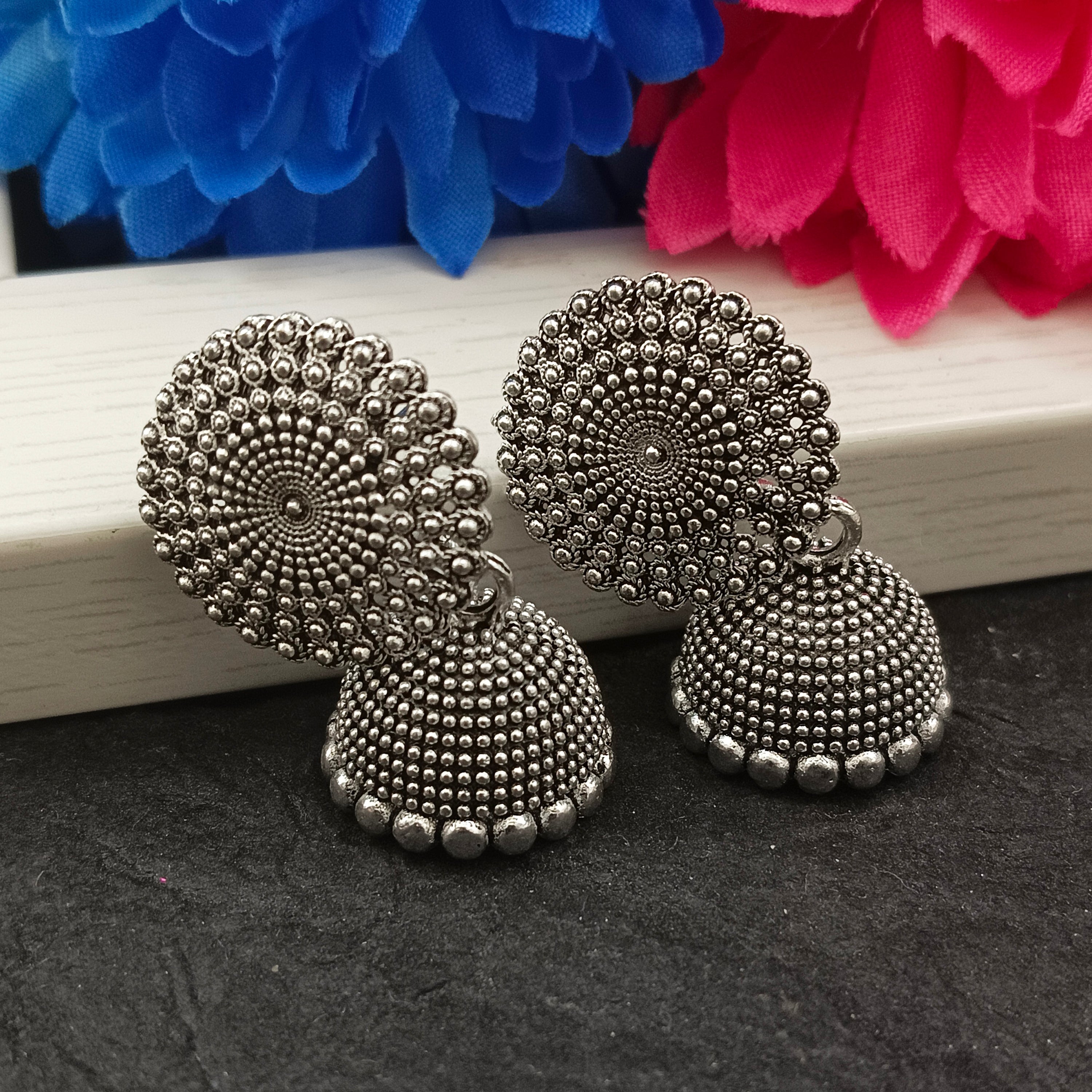 Darshana Jewels Oxidised Plated Round Shape Jhumki Earrings(Pack of 6)