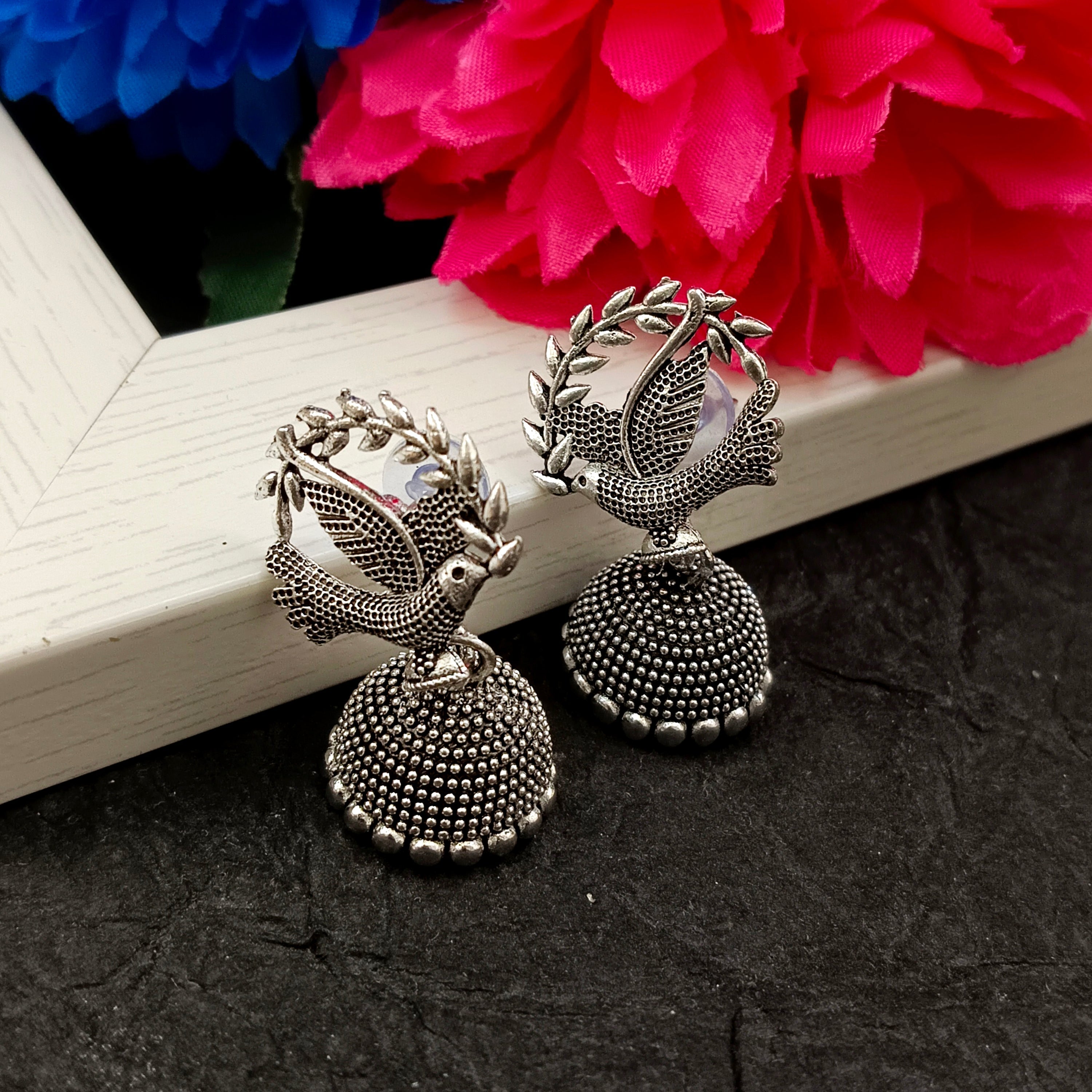 Darshana Jewels Oxidised Plated Bird Design Jhumki Earrings(Pack of 6)