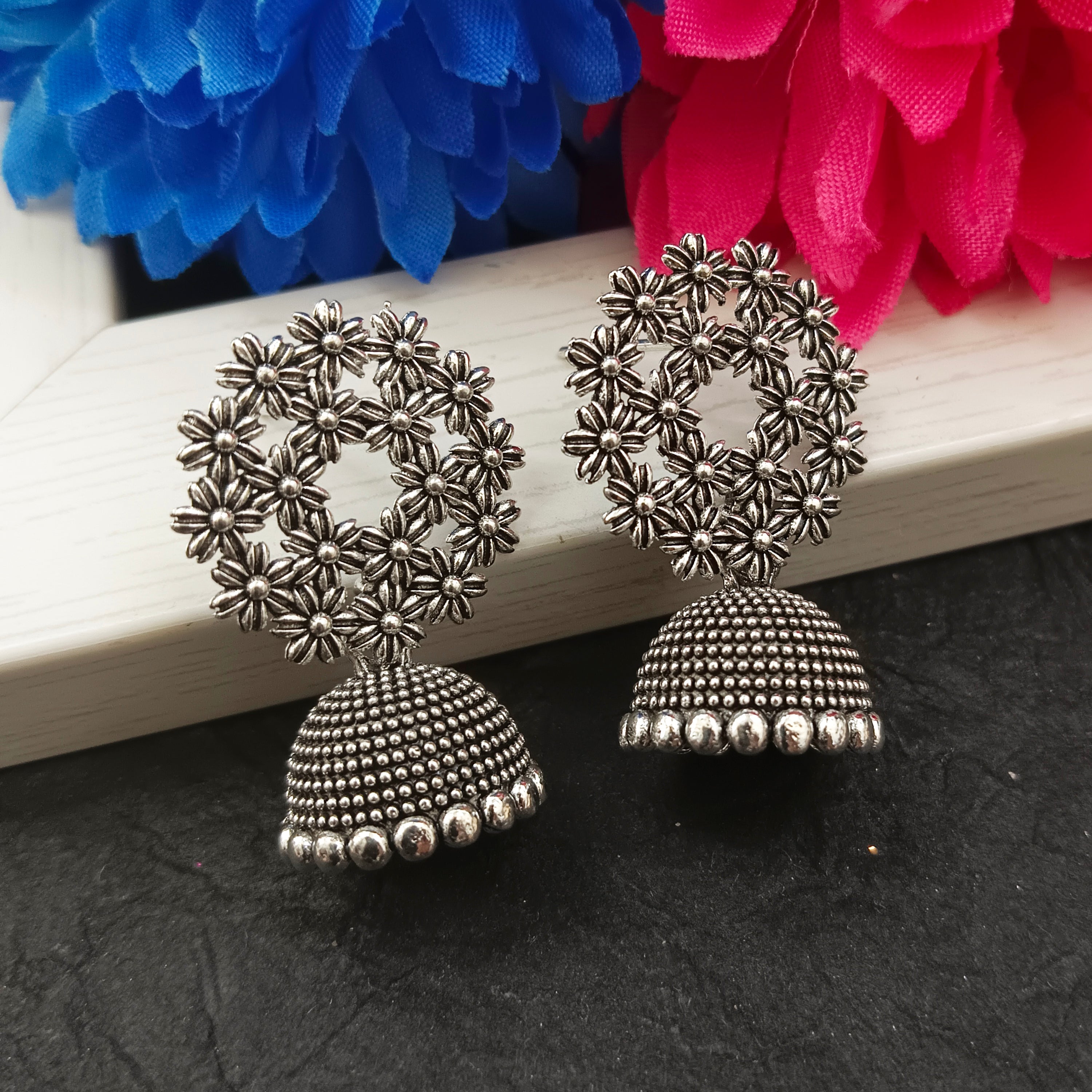 Darshana Jewels Oxidised Plated Floral Jhumki Earrings(Pack of 6)