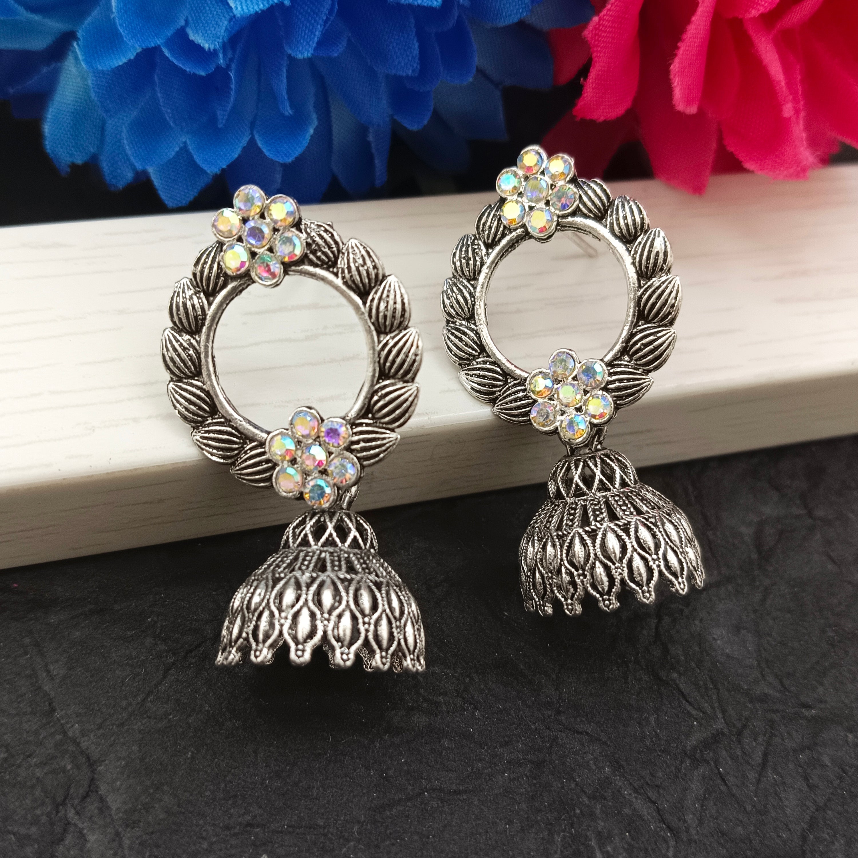 Darshana Jewels Oxidised Plated Round Shape Jhumki Earrings(Pack of 6)