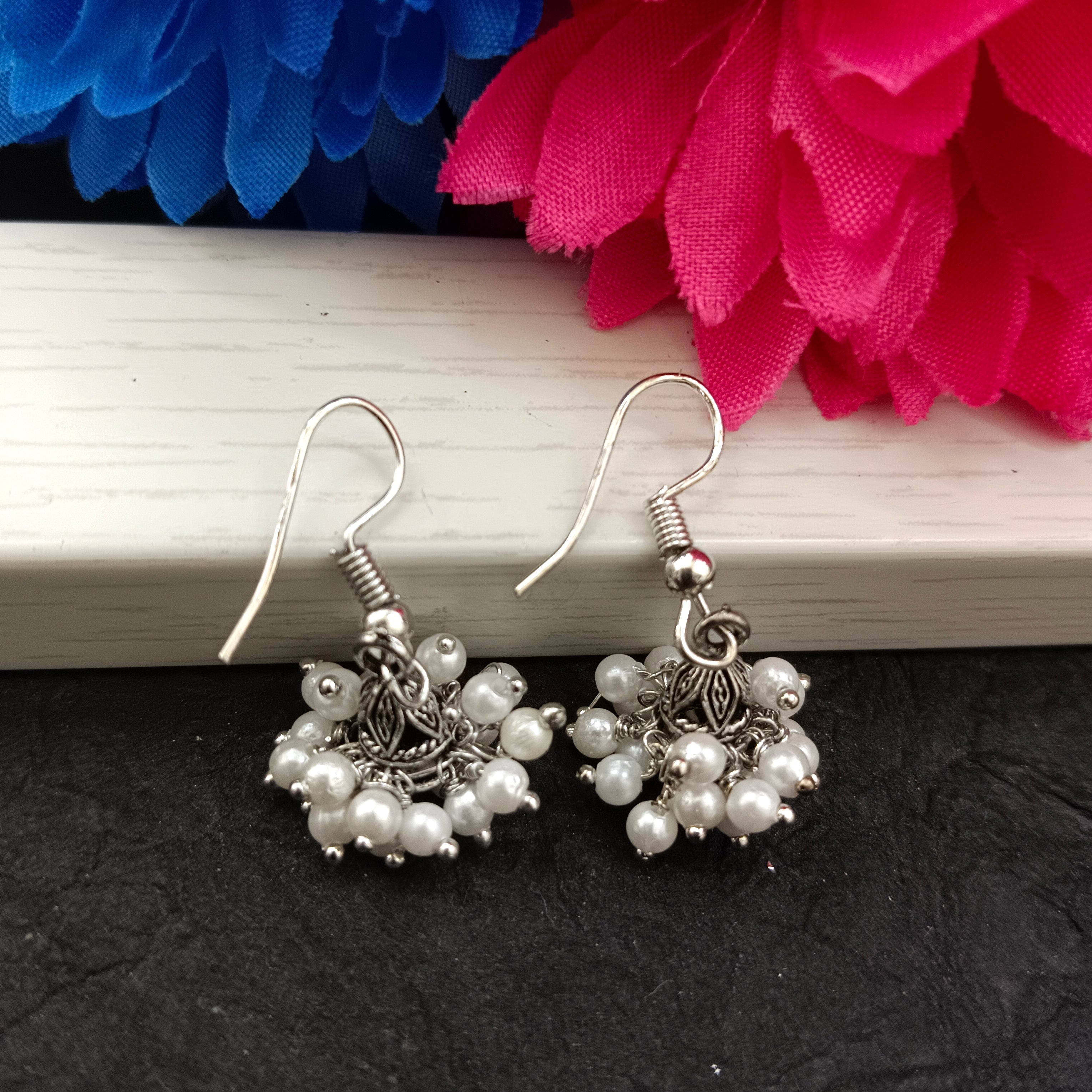 Darshana Jewels Oxidised Plated White Pearl Small Jhumki Earrings(Pack of 6)