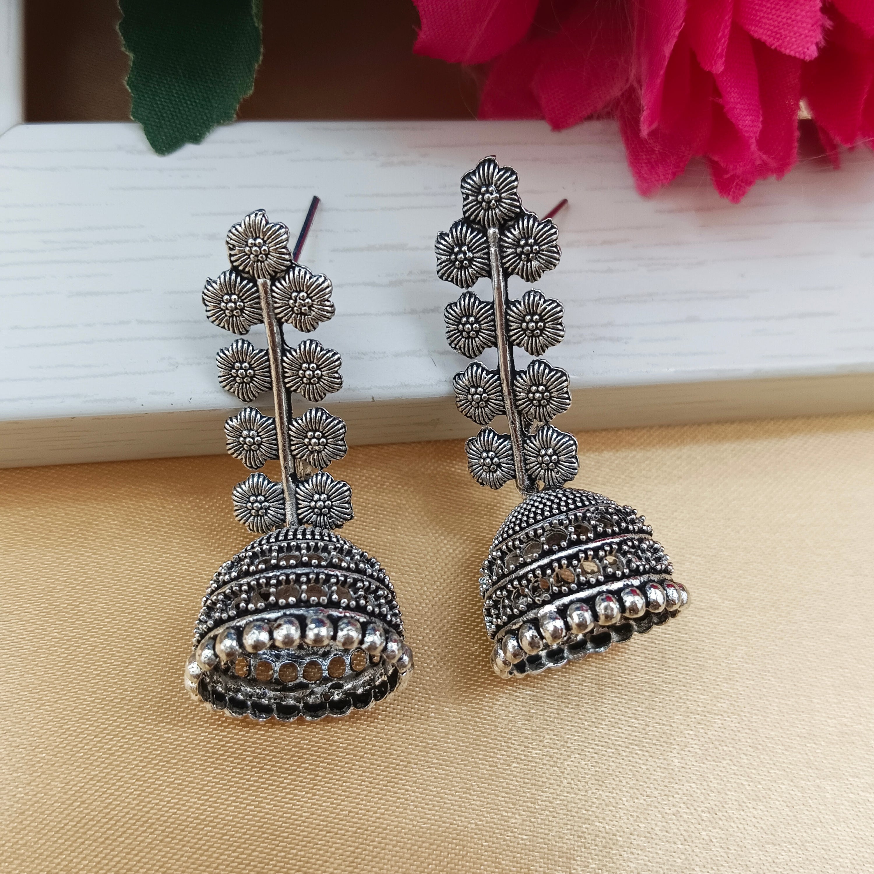 Darshana Jewels Oxidised Plated Floral Jhumki Earrings(Pack of 6)