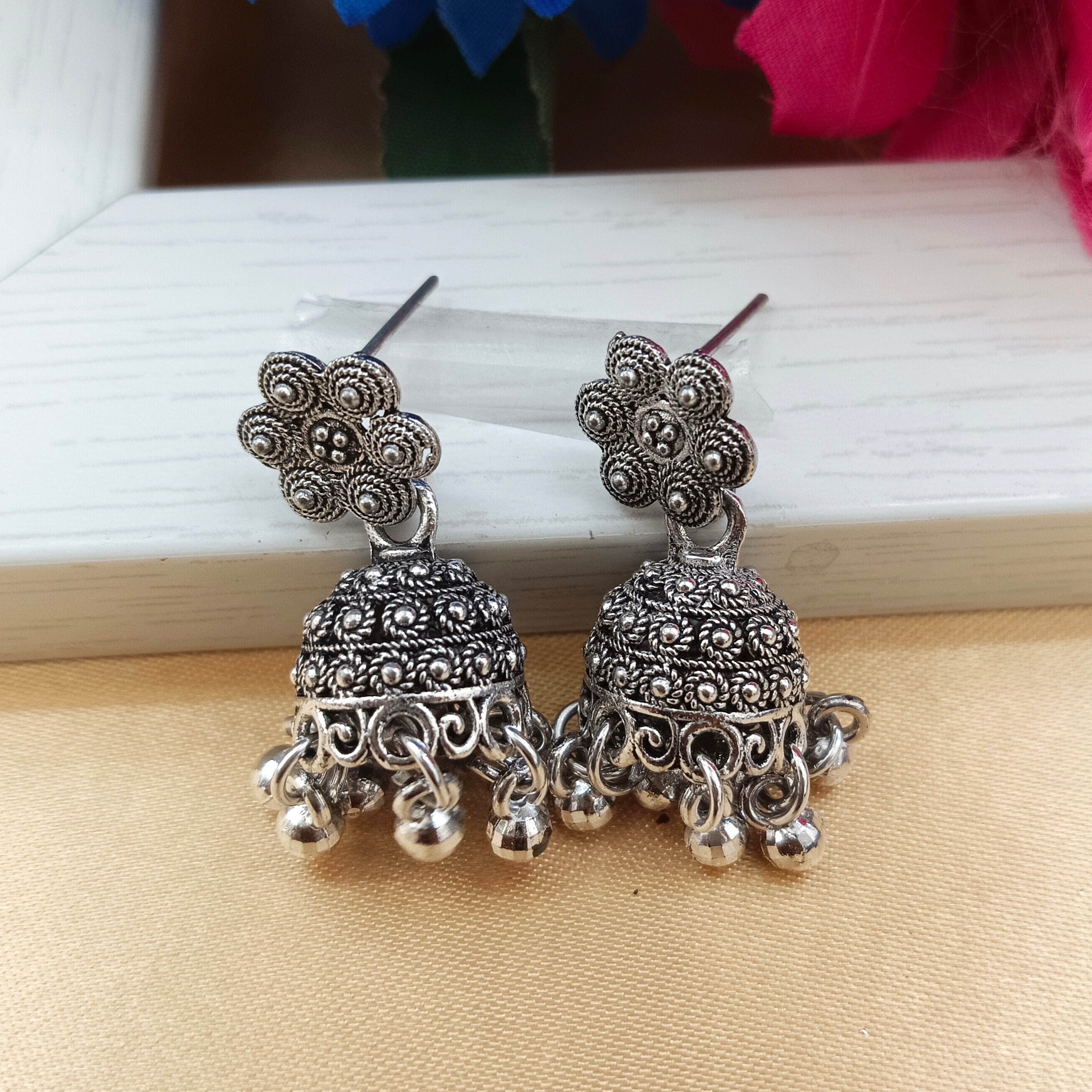 Darshana Jewels Oxidised Plated Floral Jhumki Earrings(Pack of 6)