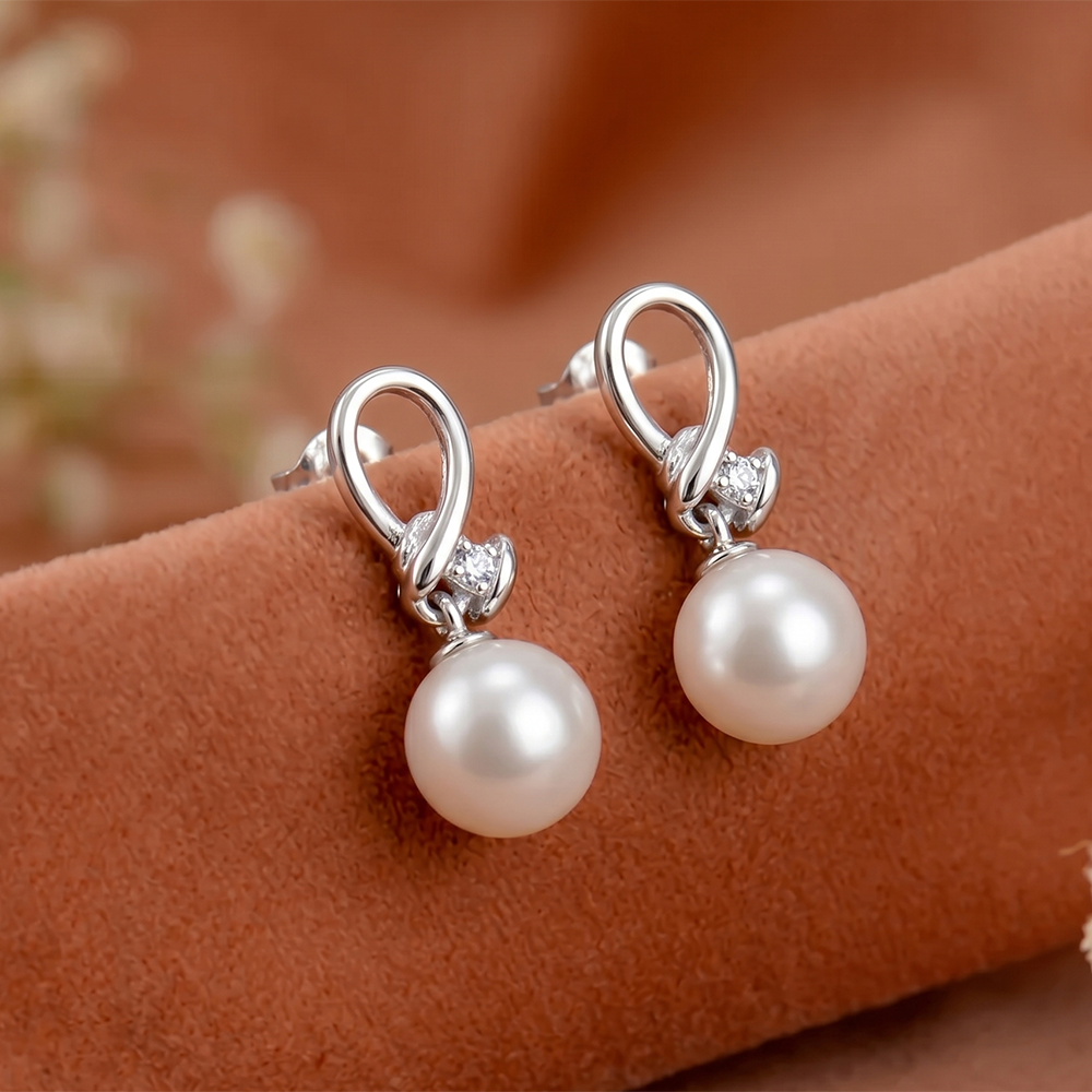 Urthn Elegant Silver Loop Pearl Drop Earrings with Stone Accent(Pack of 6)
