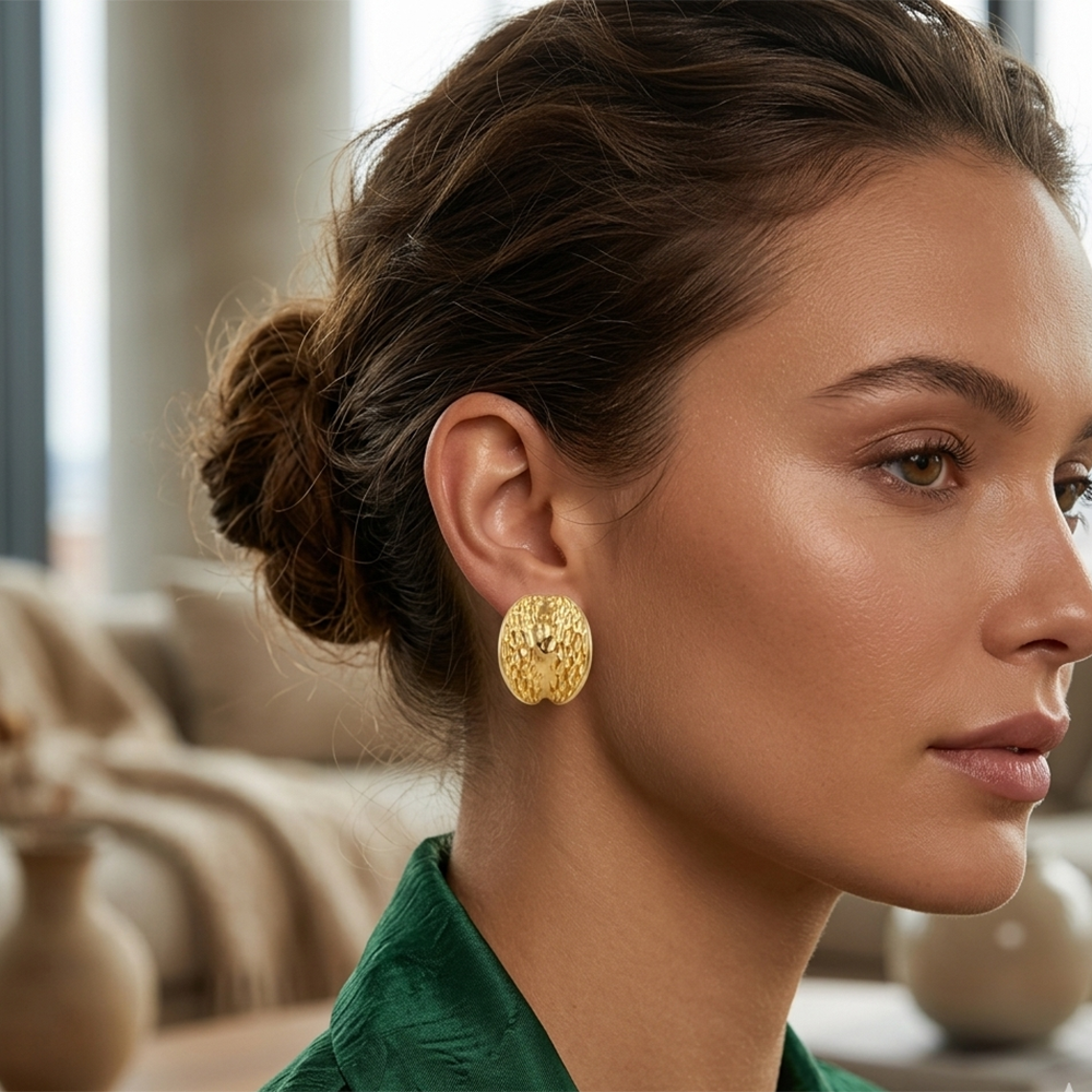 Urthn Glamorous Gold Plated Hammered Oval Stud Earrings(Pack of 6)