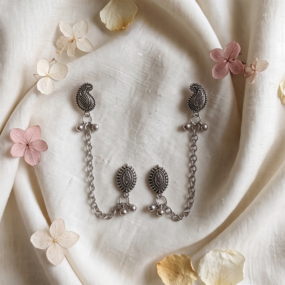 Urthn Boho Oxidised Paisley Chain Ear Cuff Earrings