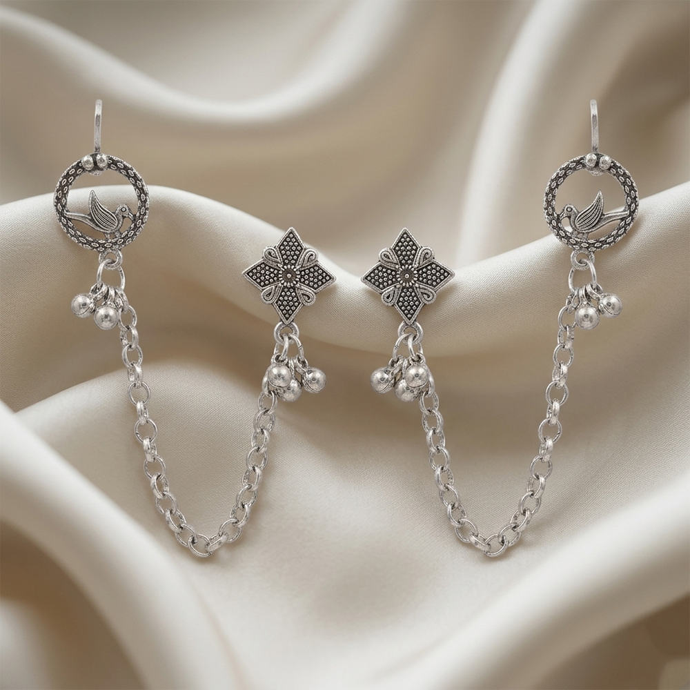Urthn Oxidised Bird Indo Western Chain Ear Cuff Earrings(Pack of 6)