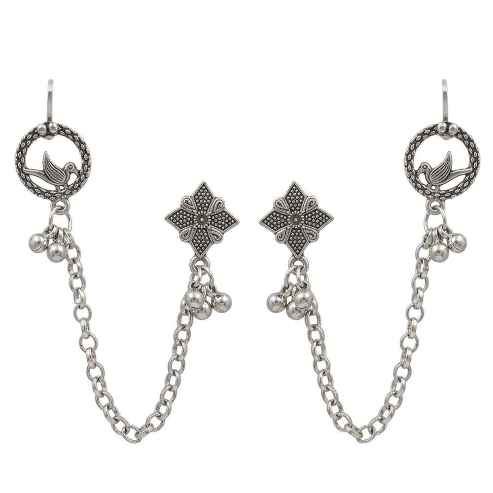 Urthn Oxidised Bird Indo Western Chain Ear Cuff Earrings(Pack of 6)