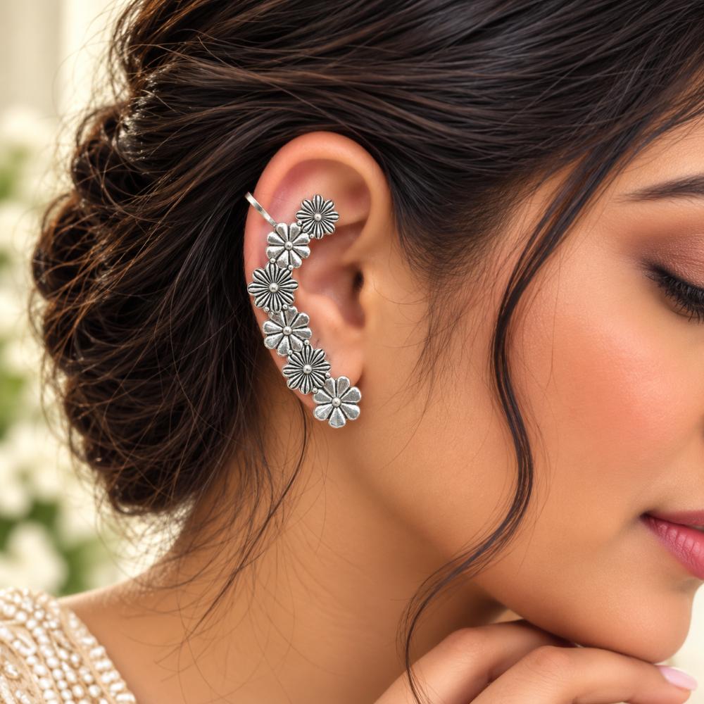 Urthn Stylish Oxidised Ear Cuffs with Floral Motif for Women Traditional Fashion Jewellery