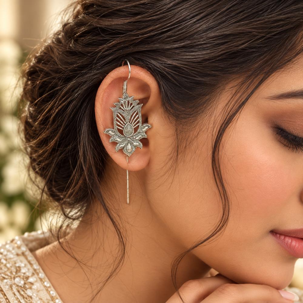 Urthn Stylish Oxidised Ear Cuffs with Lotus Motif for Women Traditional Fashion Jewellery(Pack of 12)