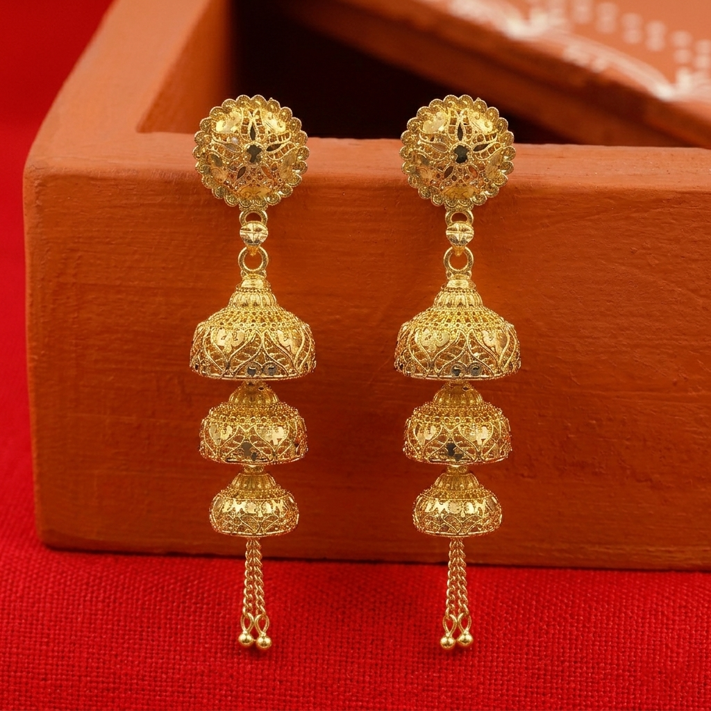 Darshana Jewels Elegant Gold Plated Floral Three Layer Jhumka Drop Earrings(Pack Of 6)