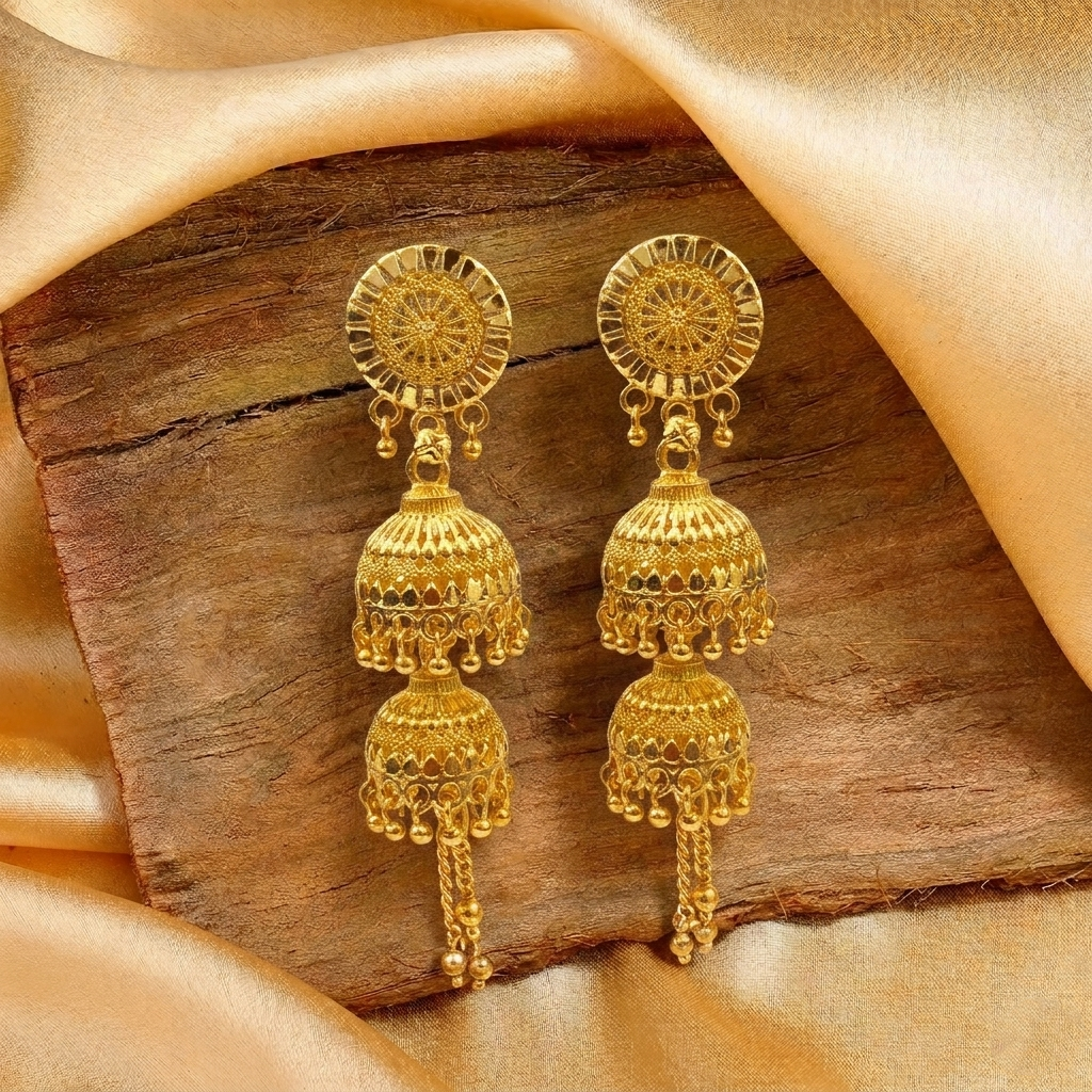 Darshana Jewels Elegant Gold Plated Floral Double Jhumka Drop Earrings(Pack Of 3)