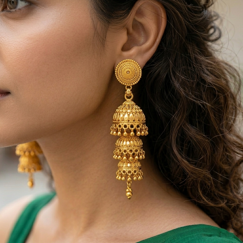 Darshana Jewels Elegant Gold Plated Floral Three Layer Jhumka Drop Earrings(Pack Of 6)