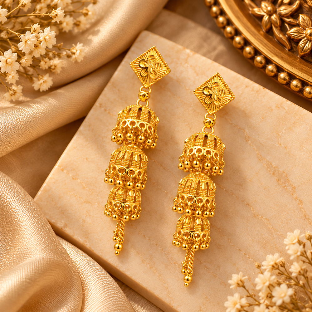 Urthn Heritage Inspired Gold Plated Multi Layered Jhumki Earrings | Traditional Designer Jewellery for Women
