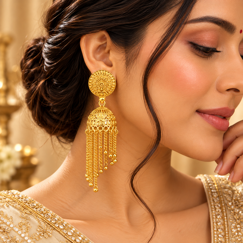 Urthn Heritage Inspired Gold Plated Jhumka Earrings with Long chain Tassels