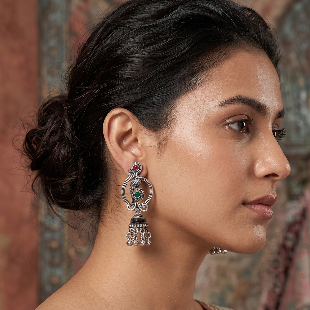 Urthn Oxidised Silver Plated Traditional Fish Motif Jhumki Earrings for Women(Pack Of 6)