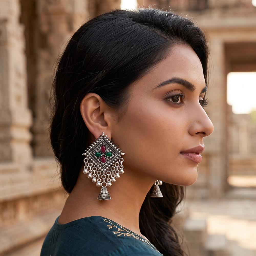 Urthn Oxidised Silver Plated Traditional Jhumki Earrings for Women(Pack Of 6)