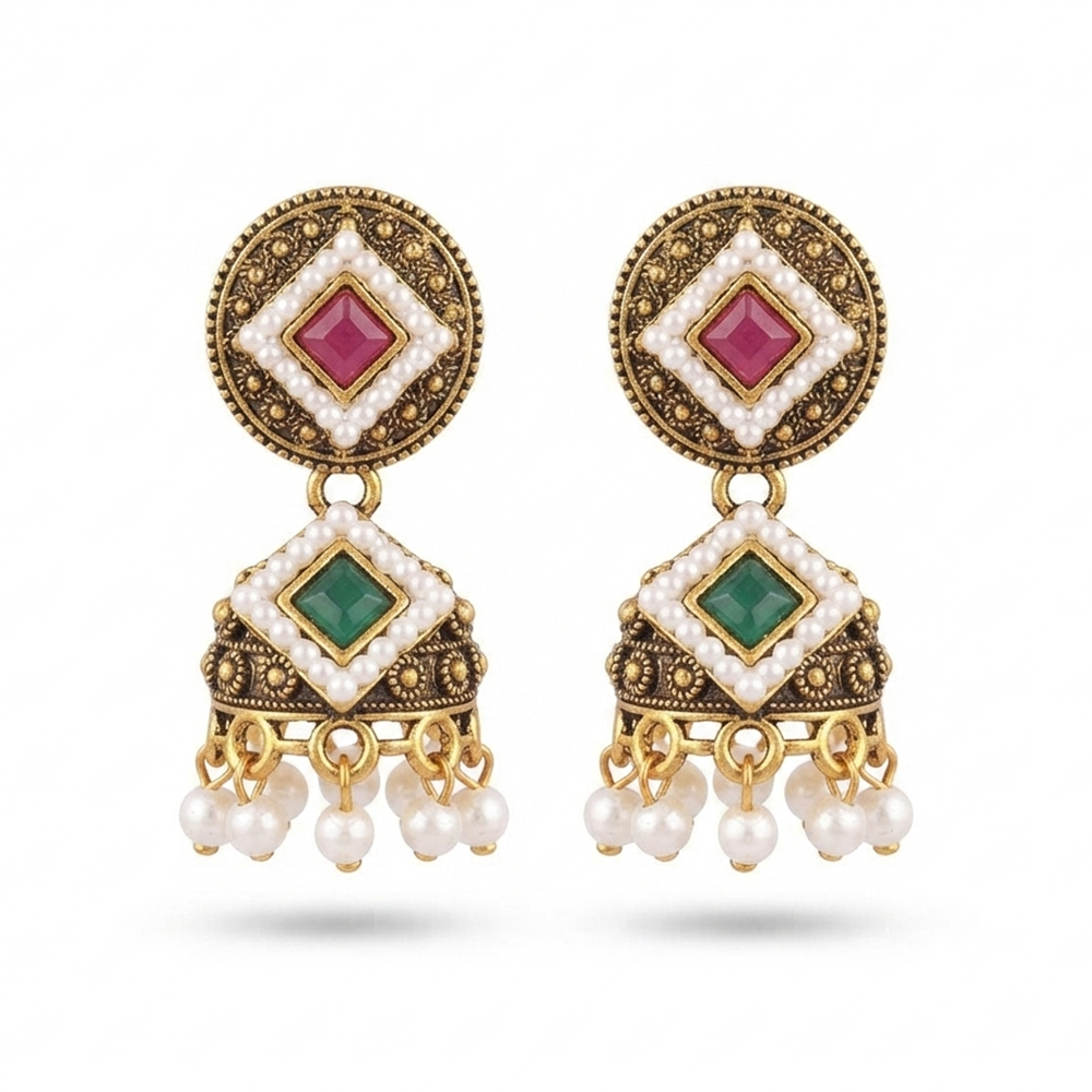 Urthn Antique Gold Plated Pearl Jhumki Earrings for Women(Pack Of 6)